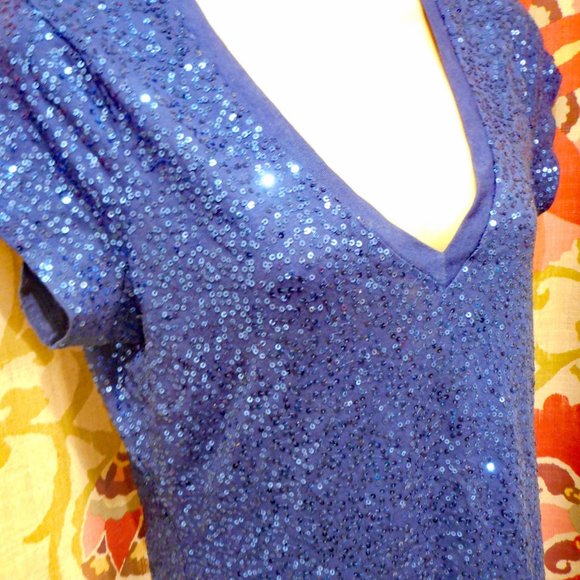 EXPRESS Dark Blue Sequin Cap Sleeve Cotton/Modal Top! Med - Picture 2 of 4
